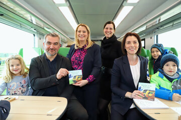 Bildungslandesrätin Mag.a (FH) Daniela Winkler, Verkehrslandesrat Mag. Heinrich Dorner, Dipl.-Ing. Kristina Macherhammer vom wortweit-Verlag alias Kristin Loras sowie Raaberbahn-Generaldirektor-Stellvertreterin Dr. Hana Dellemann mit lese- und zugbegeisterten Volksschulkindern.