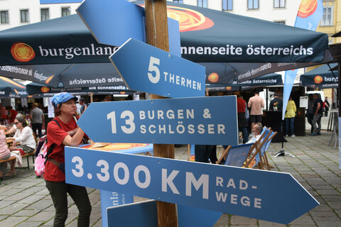 Wegweiser vom Burgenland Tourismus "Am Hof" in Wien, alle Wege führen ins Burgenland.