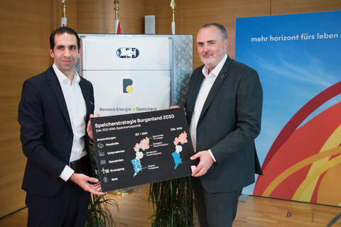 Landeshauptmann Hans Peter Doskozil und der Vorstandsvorsitzende der Burgenland Energie AG, Stephan Sharma, präsentieren die burgenländische „Speicherstrategie 2030“.