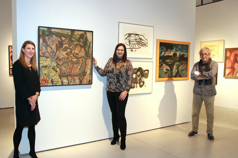 Landeshauptmannstellvertreterin Astrid Eisenkopf eröffnete „virtuell“ die Ausstellung der Künstlergruppe „kgb polychrom“ in der Landesgalerie in Eisenstadt – im Bild mit Kulturbetriebe-Geschäftsführerin Barbara Weißeisen-Halwax und Ausstellungskurator und „kgb polychrom“-Obmann Wolfgang Horwath