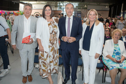 Vizekanzler Mag. Werner Kogler, Landeshauptmann-Stellvertreterin Mag.a Astrid Eisenkopf, Landesrat Dr. Leonhard Schneemann und Landesrätin Mag.a (FH) Daniela Winkler (v.l.) bei der Eröffnung der 53. Inform Oberwart.