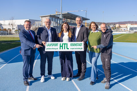 Thomas Schober, Direktor HTBLA Eisenstadt, LAbg. Bgm. Thomas Steiner, Stephanie Schöggl, Elternvertreterin, Sportlandesrat Heinrich Dorner, Yvonne Gerdenitsch-Gollubits, Gollubits GmbH (Sponsor) und Rolf Meixner, Präsident Burgenländischer Leichtathletikverband (BLV)