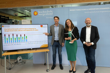 (v.l.) Projektleiter Marcus Hofmann, Forschung Burgenland, Landeshauptmann-Stellvertreterin Anja Haider-Wallner und Marcus Keding, Geschäftsführer Forschung Burgenland, präsentierten ein neues Berechnungstool für Treibhausgasemissionen.