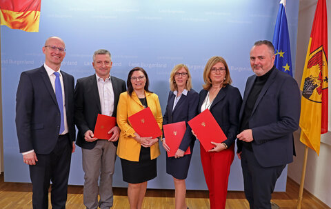 Landesamtsdirektor Mag. Ronald Reiter, DI Josef Wagner (Vorstand der Gruppe 4), Mag.a Sonja Windisch (Vorstand der Gruppe 3), Mag.a Elke Edelbauer (Vorstand der Gruppe 1), Mag.a Marlies Stubits-Weidinger (Vorstand der Gruppe 2) und LH Hans Peter Doskozil bei der Präsentation der Gruppenvorstände