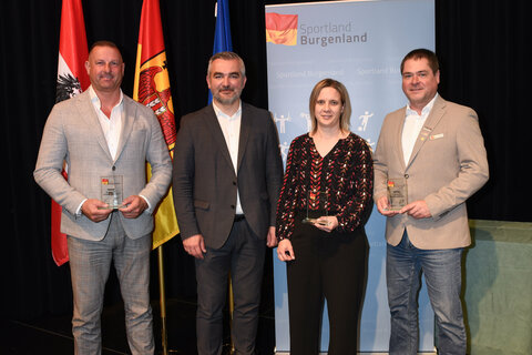 portlandesrat Heinrich Dorner mit Kickbox-Weltmeister David Dvornikovich (Weltmeister Lightcontact +94 kg, Vizeweltmeister Kick Light +94 kg, dreifacher Österreichischer Staatsmeister), Weltmeisterin Claudia Loos (Judo, Klasse F4 (Frauen 45 - 49 Jahre) -78 kg) und dem dreifachen Europameister im Sportschießen Gerald Reiter