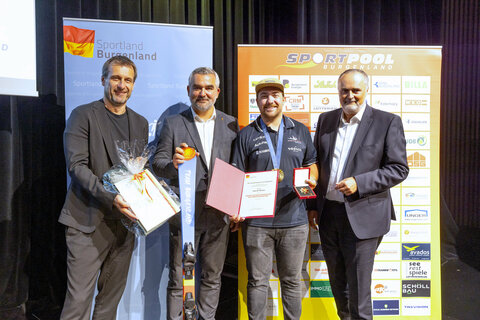 Landeshauptmann Mag. Hans Peter Doskozil und Sportlandesrat Mag. Heinrich Dorner mit Olympiasieger und Sportler des Jahres Valentin Bontus (rechts) und Thomas Trukesitz, Obmann Sportpool Burgenland beim Empfang der burgenländischen Olympiateilnehmer.