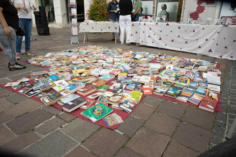Bücher vor dem Rathaus Eisenstadt im Zuge der BookCrossing-Aktion der Burgenländischen Volkshochschulen anlässlich des Weltalphabetisierungstages 2025.
