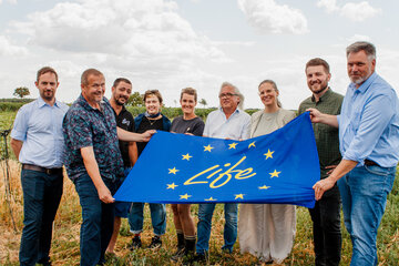 Beim Besuch der Versuchsflächen des EU-Projekts LIFE Pannonic Salt in St. Andrä (v.l.): Paul Schlögl, Geschäftsführer Bio Austria, Franz Traudtner, Obmann Bio Austria, Dominik Berger, Anna Tomic, Mitarbeiterin FiBL, Lisa Wachtler, Bäuerin und Projektteilnehmerin, Andreas Kranzler, Geschäftsführer FiBL Österreich, Landeshauptmann-Stellvertreterin Anja Haider-Wallner, Andreas Feiler, PANNATURA, Johannes Ehrenfeldner, Direktor Nationalpark Neusiedler See – Seewinkel