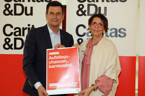 Soziallandesrat Christian Illedits und Caritas Burgenland Direktorin Edith Pinter verfolgen im Pflegebereich ein gemeinsames Ziel