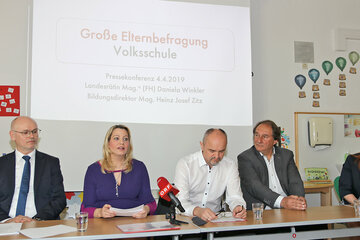 Präsentation der Ergebnisse der landesweiten Elternbefragung zum Thema „Zufriedenheit in den Volksschulen“. V.l.: Projektleiter Dr. Herbert Gabriel, PH Burgenland, Bildungslandesrätin Mag.a (FH) Daniela Winkler, Bildungsdirektor Mag. Heinz Josef Zitz, LAbg. Bgm. Werner Friedl, Direktorin Petra Schmidt, BEd 