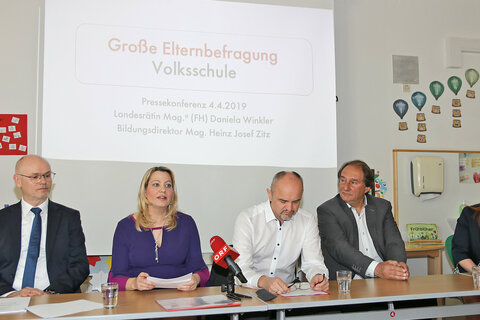 Präsentation der Ergebnisse der landesweiten Elternbefragung zum Thema „Zufriedenheit in den Volksschulen“. V.l.: Projektleiter Dr. Herbert Gabriel, PH Burgenland, Bildungslandesrätin Mag.a (FH) Daniela Winkler, Bildungsdirektor Mag. Heinz Josef Zitz, LAbg. Bgm. Werner Friedl, Direktorin Petra Schmidt, BEd