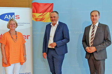 Landeshauptmann Hans Peter Doskozil und Landesrat Leonhard Schneemann mit AMS-Chefin Helene Sengstbratl bei der Präsentation der Insolvenzstiftung Burgenland III als Begleitmaßnahme für COVID- und Commerzialbank-bedingte Betriebsinsolvenzen.