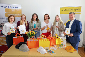 Mag.a Andrea Konrath, Geschäftsführerin Krebshilfe Burgenland, Landesrätin Mag.a (FH) Daniela Winkler, Alyséa Nardai, Schulsprecherin BAfEP Oberwart, Dr.in Edmira Bekto, Vizepräsidentin Krebshilfe Burgenland, Hedy Pratscher, Projektbetreuung BAfEP Oberwart, und Mag. Herwig Wallner, Direktor des BAfEP Oberwart, präsentierten das „Projekt „Sonne ohne Reue“.