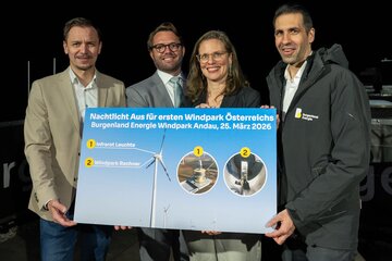 Bürgermeister Gemeinde Andau Philipp Pelzer, Geschäftsführer Austro Control Philipp Piber, Landeshauptmann-Stellvertreterin Anja Haider-Wallner und  CEO Burgenland Energie Stephan Sharma (v.l.).