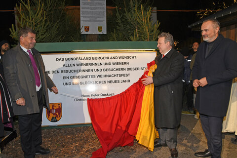 Landhauptmann Hans Peter Doskozil, Bürgermeister Michael Ludwig und Esterhazy-Generaldirektor Stefan Ottrubay enthüllen die Burgenland-Tafel