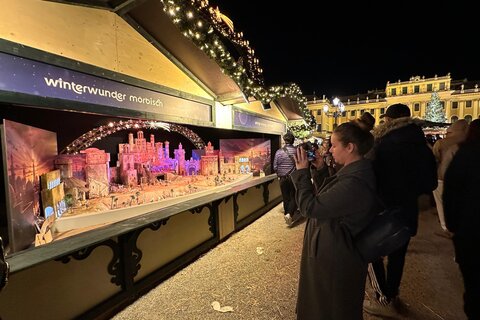 Die von Manfred Waba entworfene „größte Weihnachtskrippe der Welt“ steht in Mörbisch und als vielbeachtete Attraktion als Modell am WeihnachtsmarktSchönbrunn