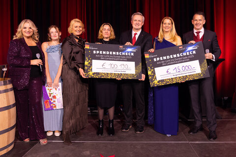 Scheckübergabe zugunsten der Aktion Licht ins Dunkel und der Krebshilfe Burgenland (v.l.) Moderatorin Patricia Schuller, „Glücksengerl“ Sina Scheiblhofer, „Licht ins Dunkel“-Koordinatorin Elisabeth Pauer-Gerbavsits, „Licht ins Dunkel“-Gesamtverantwortliche Lisa Zuckerstätter, „Licht ins Dunkel“-Vizepräsident Daniel Bohmann, Landesrätin Daniela Winkler, Protokollchef Rainer Winter (Stabsabteilung Protokoll und Zentrale Dienste, Land Burgenland).