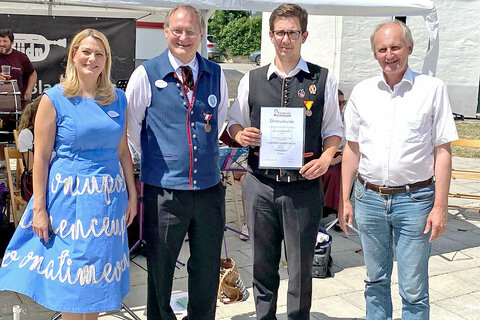 Landesrätin Mag.a (FH) Daniela Winkler mit MV-Obmann Bezirksverband ND Blasmusik Burgenland Dieter Denk, Dominik Lorenschitz - Musikverein Winden, Bgm. Erwin Preiner (v.l.)