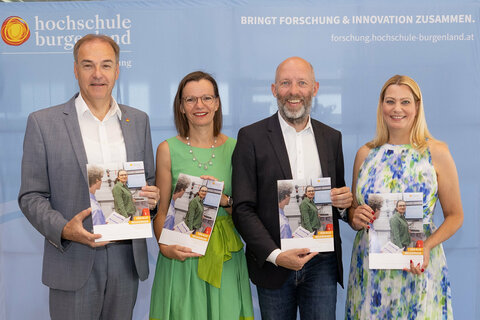 Präsentierten den Leistungskatalog der Hochschule Burgenland und der Forschung Burgenland: (v.l.) Landesrat Dr. Leonhard Schneemann, Prof.in(FH) Gerda Füricht-Fiegl, MSc PhD, Vizerektorin für Forschung und Innovation, Hochschule Burgenland, DI Marcus Keding, Geschäftsführer Forschung Burgenland, Landesrätin Mag.a (FH) Daniela Winkler.