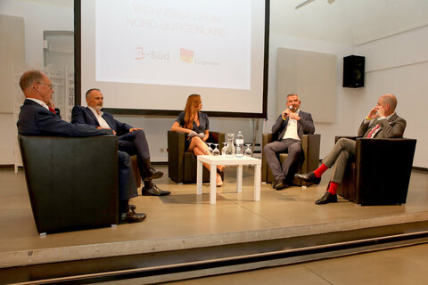 Studienleiter Peter Hajek, Unique Research, Wohnbaulandesrat Heinrich Dorner, Landeshauptmann Hans Peter Doskozil und B-SÜD-Geschäftsführer Johann Fellinger diskutierten über die aktuellen Ergebnisse einer B-SÜD-Wohnbaustudie.