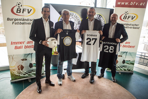 BFV-Präsident Mag. Hannes Wutzlhofer LL.M., Mag. Dr. Stephan Sharma, CEO der Burgenland Energie, BFV-Burgenlandliga-Obmann Josef Pekovics und Sportlandesrat Mag. Heinrich Dorner präsentierten die neue Partnerschaft.