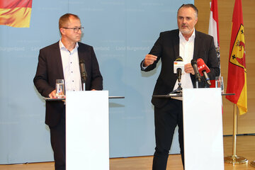 Landeshauptmann Hans Peter Doskozil und Hans-Peter Rucker, GF Landesholding Burgenland: Unterstützung der betroffenen KundInnen der Commerzbank Mattersburg mit umfangreichen Maßnahmen.