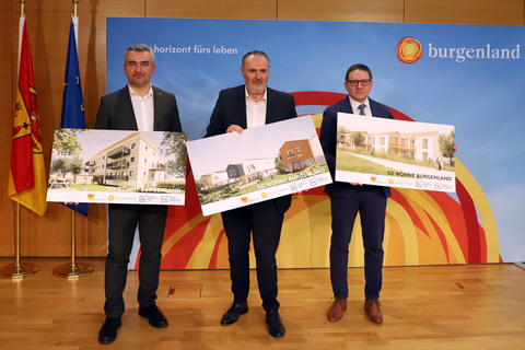 (v.l.) Landesrat Mag. Heinrich Dorner, Landeshauptmann Mag. Hans Peter Doskozil und der Geschäftsführer der Landesimmobilien Burgenland GmbH, Ing. Dr. Gerald Goger, bei der Präsentation einer Initiative zum Thema Leistbares Wohnen.