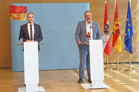 Landeshauptmann Hans Peter Doskozil und Landesrat Leonhard Schneemann präsentierten den ersten Transparenzbericht zum Corona-Maßnahmenpaket des Landes.