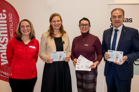 Landeshauptmann-Stellvertreterin Anja Haider-Wallner und Soziallandesrat Dr. Leonhard Schneemann mit Caritas-Burgenland-Direktorin Mag.a Melanie Balaskovics MA, Direktorin Caritas Burgenland und Cornelia Halper, Projektleiterin bei der Volkshilfe Burgenland.
