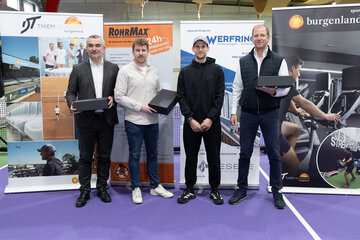 Thiem Academy Burgenland gewinnt neue Sponsoren. V.l.n.r.: Sportlandesrat Heinrich Dorner, Werfring-Geschäftsführer Martin Werfring, Dominic Thiem, Rohrmax-Vertriebsleiter Bernhard Jugovic