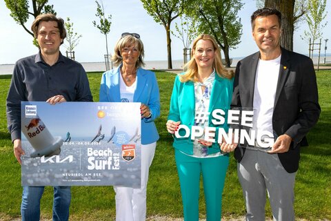 Daniel Hupfer (Veranstalter), Bürgermeisterin Elisabeth Böhm,Familienlandesrätin Daniela Winkler und Didi Tunkel (Geschäftsführer Burgenland Tourismus).