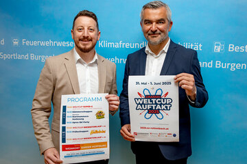 Sportlandesrat Heinrich Dorner und Referatsleiter Daniel Gschwandtner (v.r.), Referatsleiter Grasski von Ski Austria Burgenland, laden zum Weltcup-Auftakt nach Rettenbach ein