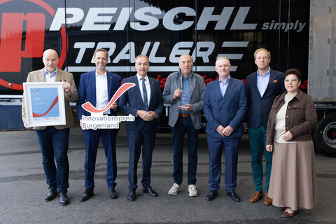 Peischl Fahrzeugbau GmbH (v.l.n.r): Ernst Peischl, jun., Michael Sedlak (Wirtschaftsagentur Burgenland GmbH), Landesrat Leonhard Schneemann, Ernst Peischl, Johannes Stipsits (Geschäftsführer Wirtschaftsagentur Burgenland GmbH), Markus Peischl und Vizepräsidentin Herta Walits-Guttmann (Wirtschaftskammer Burgenland).
