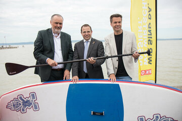 Landeshauptmann Hans Peter Doskozil. Wirtschaftskammer-Burgenland-Präsident Andreas Wirth und Burgenland-Tourismus-Geschäftsführer Didi Tunkel.