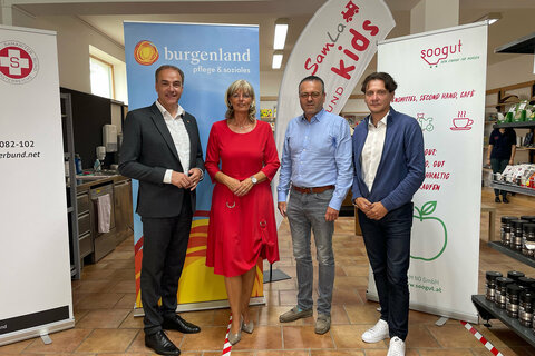 Landesrat Leonhard Schneemann mit LAbg. Bgm.in Elisabeth Böhm, Samariterbund Burgenland Geschäftsführer Mag. Gerald Fitz und soogut-Geschäftsführer Wolfgang Brillmann