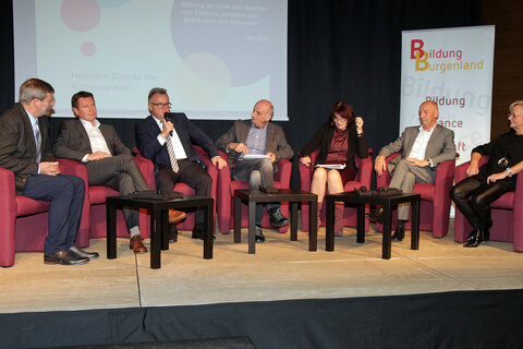 Diskutierten über die Bedeutung der Erwachsenenbildung für die kommunale und regionale Entwicklung: Landeshauptmann Hans Niessl, BUKEP-Vorsitzende Dr.in Christine Teuschler, Bgm.in Ingrid Salamon, Vorsitzende des Österr. Städtebundes - Landesgruppe Burgenland, Bgm. Erich Trummer, Präsident Gemeindevertreterverband Burgenland, Bgm. Leo Radakovits, Präsident Gemeindebund Burgenland und Prof. Dr. Ulrich Klemm mit Moderator Walter Reiss