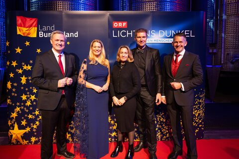 (v.l.) „Licht ins Dunkel“-Vizepräsident Daniel Bohmann, Landesrätin Daniela Winkler, „Licht ins Dunkel“-Gesamtverantwortliche Lisa Zuckerstätter, Gastgeber Erich Scheiblhofer, Protokollchef Rainer Winter (Stabsabteilung Protokoll und Zentrale Dienste, Land Burgenland).