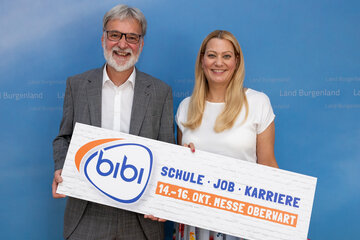 Bildungslandesrätin Mag.a (FH) Daniela Winkler und Messe-Burgenland-Geschäftsführer Markus Tuider laden zur BiBi-Messe 2026 nach Oberwart ein.