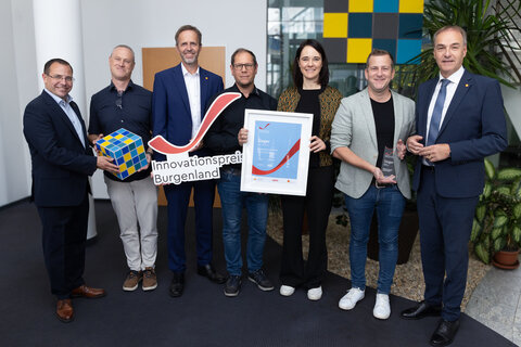 ETM professional control GmbH (v.l.n.r): Andreas Wirth (Präsident Wirtschaftskammer Burgenland), Bernhard Alram, Michael Sedlak (Wirtschaftsagentur Burgenland GmbH), Andreas Vogler, Julia Frey, Lukas Schopp und Landesrat Leonhard Schneemann.