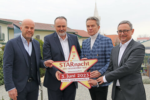 Martin Ramusch, Gesellschafter von ip|media, Landeshauptmann Hans Peter Doskozil, Alfons Haider, Generalintendant Seefestspiele Mörbisch, und ORF-Burgenland-Chefredakteur Walter Schneeberger.