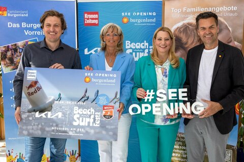 Daniel Hupfer (Veranstalter), Bürgermeisterin Elisabeth Böhm,Familienlandesrätin Daniela Winkler und Didi Tunkel (Geschäftsführer Burgenland Tourismus).