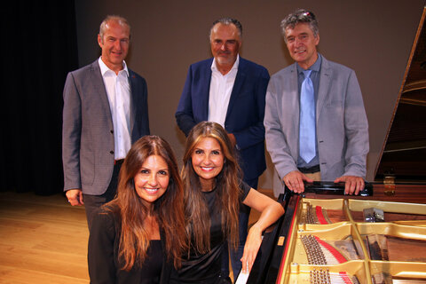 Präsentierten die Highlights des Festivals „KLANGfruehling2020“: Mag. Andreas Leitner, Interimistischer Vorstandsdirektor Kurbad Tatzmannsdorf AG, Gerhard Krammer, Künstlerischer Leiter, die Pianistin Ferhan und Ferzan Önder, Landeshauptmann Hans Peter Doskozil sowie Geschäftsführer Werner Glösl, Verein Zukunft Schlaining