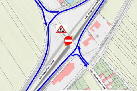 Streckenverlauf der Verkehrsumleitung während der Erneuerung der Brücke der B50 über die B16 in Wulkaprodersdorf