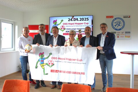 Hopsi Hopper_02: ASKÖ – Landesgeschäftsführer Andreas Ponic, Sportlandesrat Mag. Heinrich Dorner, Bildungsdirektor Alfred Lehner, ASKÖ-Vizepräsidentin LAbg. Doris Prohaska, Bürgermeister Ing. Harald Kahr und OSG Geschäftsführer ASKÖ Vizepräsident Dr. Alfred Kollar.