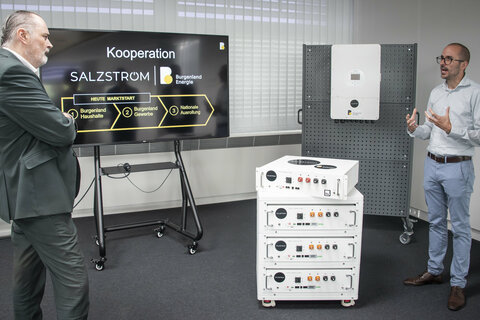 Vorstandsvorsitzender Burgenland Energie Stephan Sharma, Geschäftsführer Salzstrom Jürgen Ellensohn, CFO Salzstrom Stefan Nolte, CEO Salzstrom Peter Arnold, Landeshauptmann Hans Peter Doskozil.