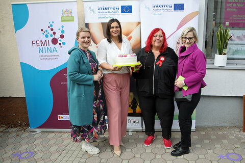 Landesstellenleiterin und Landesvorsitzende Alexandra Gager (Dr. Karl Renner Institut Burgenland und Kinderfreunde Burgenland), Landeshauptmann-Stellvertreterin Mag.a Astrid Eisenkopf, Geschäftsführerin Doris Horvath und Bundesrätin Mag.a Sandra Gerdenitsch (v.l.) bei der großen Jubiläumsfeier in Oberpullendorf.