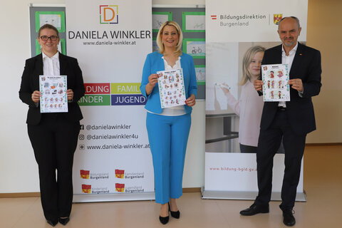 Schulärztin Dr.in Nicole Moritz, Bildungslandesrätin Mag.a (FH) Daniela Winkler und Bildungsdirektor Mag. Heinz Josef Zitz bei der Pressekonferenz anlässlich des Re-Starts der Pflichtschulen im Burgenland.