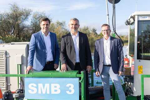 Geschäftsführer der Seemanagement Burgenland GmbH Erich Gebhardt, Landesrat Heinrich Dorner und Bürgermeister der Gemeinde Oggau LAbg. Thomas Schmid