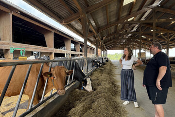 Landeshauptmann-Stellvertreterin Anja Haider-Wallner besichtigte mit Landwirt Franz Grötschl die Kühe im Stall.