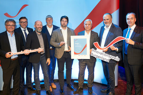 (v.l.n.r): Mag. Michael Gerbavsits (Geschäftsführer Wirtschaftsagentur Burgenland GmbH), Dr. Harald Schermann (Direktor Wirtschaftskammer Burgenland), DI Marcus Keding (Geschäftsführer Forschung Burgenland GmbH), Dr. Klaus Bosch, DI Christoph Bauer, BSc und Dipl. Ing. Dr. Richard Woschitz (Woschitzgroup ZT GmbH), Landeshauptmann Mag. Hans Peter Doskozil, Landesrat Dr. Leonhard Schneemann